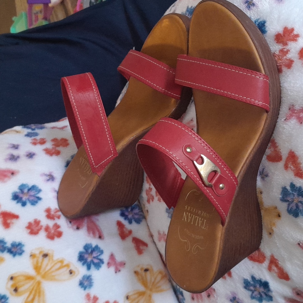 Red/ tan Wedge Sandals Italian made.